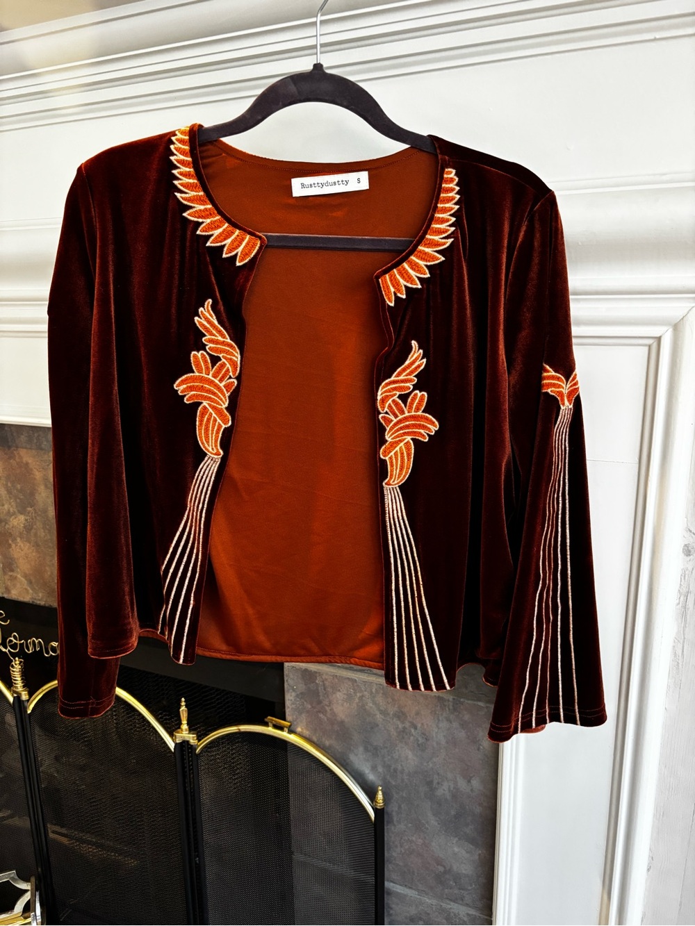 RustyDusty Velvet Embroidered Open Jacket in Deep Brown and Orange